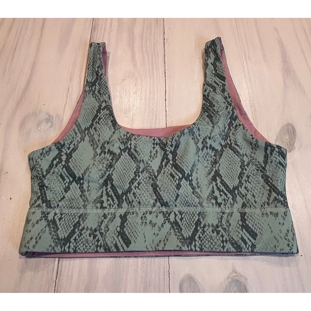 Fabletics Reversible Sports Bra Green Snakeskin Mauve Pink L Yoga Athleisure